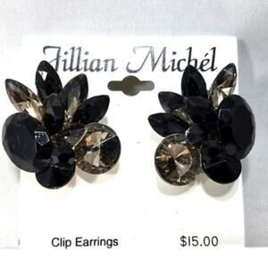 Vintage Black Silver Rhinestone Clip on Earrings, Old Stock, NWT, 1 1/2 Inches